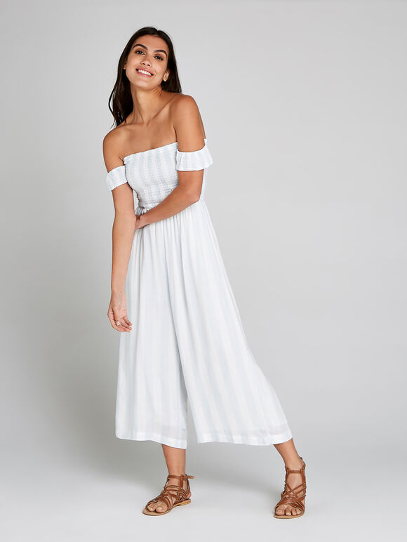 Stripe Bardot Smock Jumpsuit, Blue, large