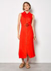 Linen Blend Shirt Midi Dress, Red, large