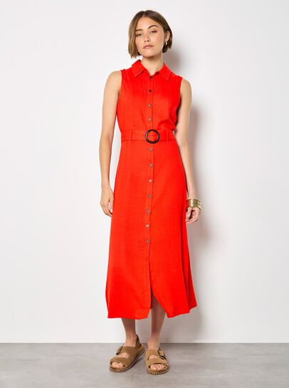 Linen Blend Shirt Midi Dress