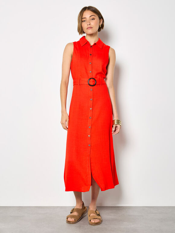 Linen Blend Shirt Midi Dress, Red, large