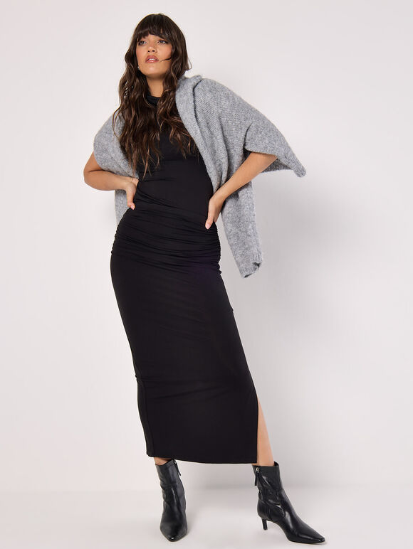 Jersey Ruched Midi Skirt, Black, large