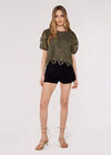 Lace Puff SleeveTop, Khaki, large