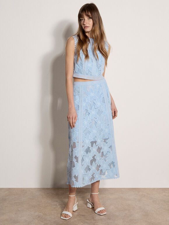 Floral Mesh Lace Crop Top, Sky Blue, large
