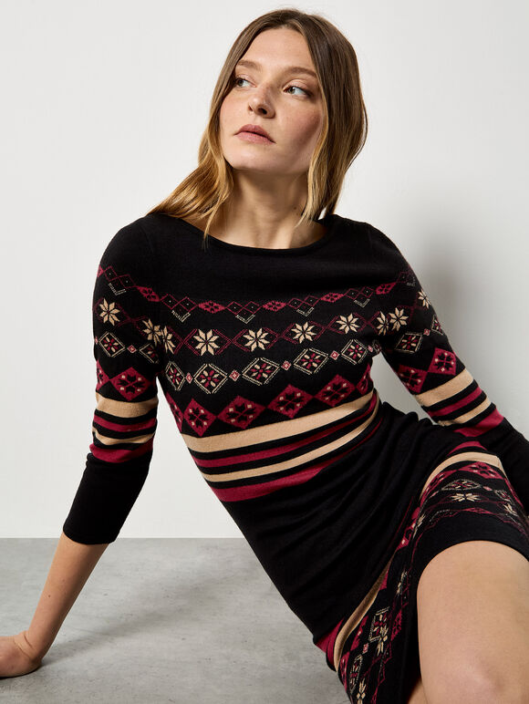 Folk Pattern Stripe Knitted Mini Dress, Black, large