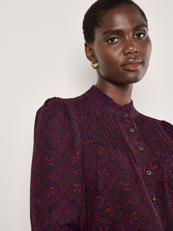 Mosaic Print Chiffon Ruffle Blouse, Burgundy, large