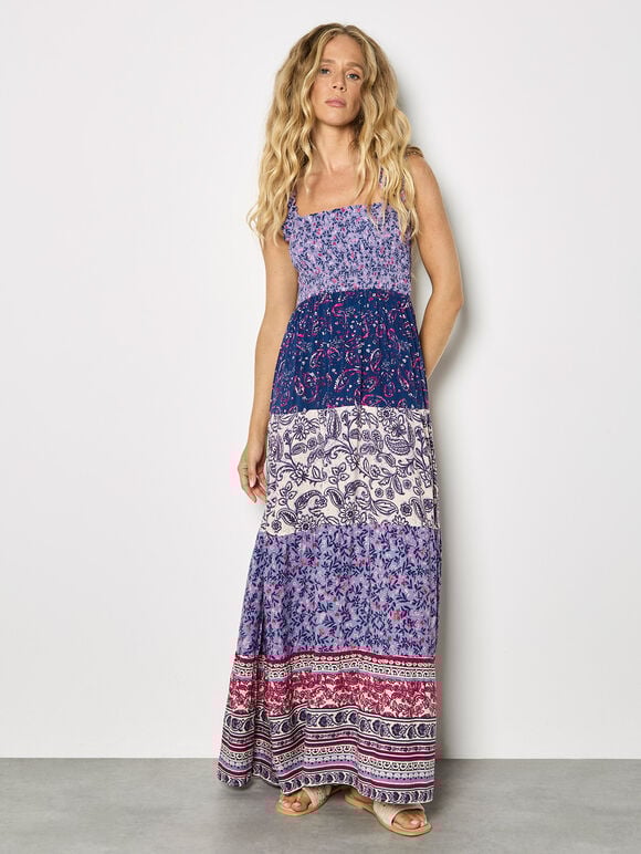 Patchwork Floral Paisley Maxi Dress, Purple, large