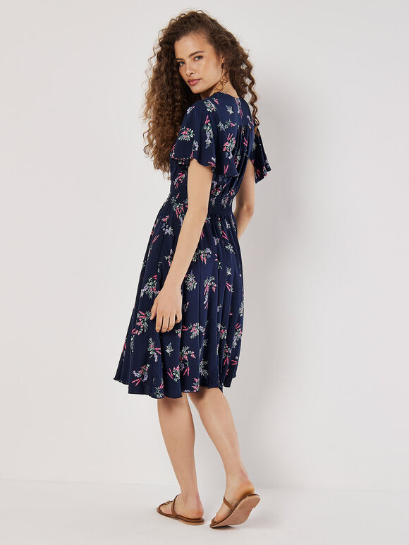 Botanical Floral Smocked Midi Dress, Navy, large