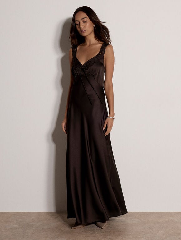 Satin Lace Maxi Dress, Brown, large
