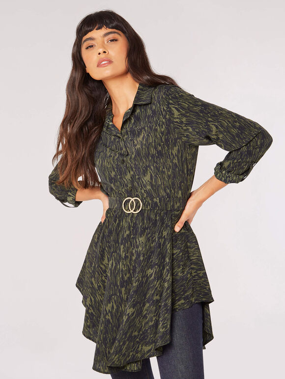 Textured Print Hanky Hem Mini Dress, Green, large