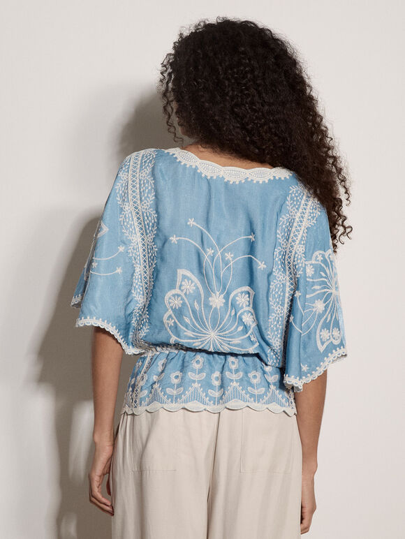 Floral Embroidered Boho Blouse, Blue, large