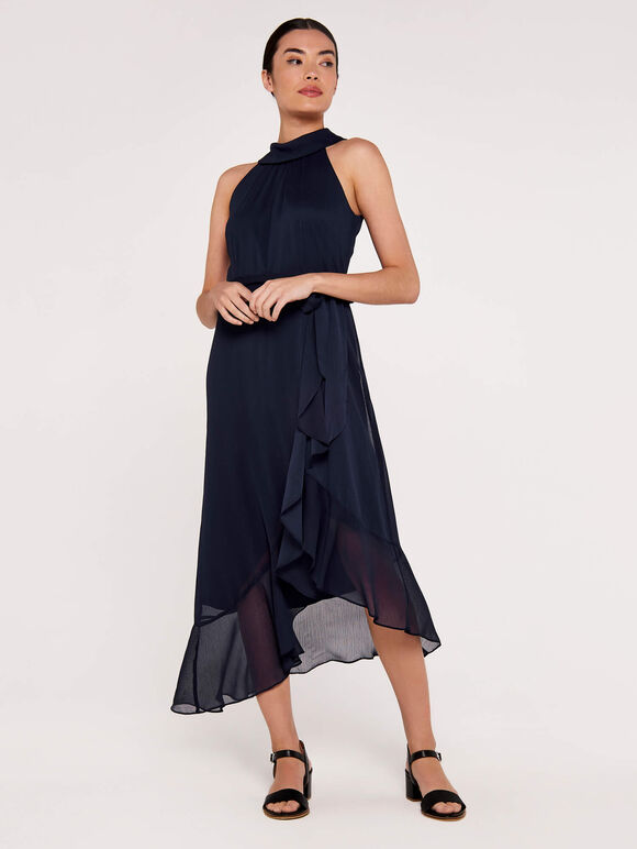 Halter Neck Ruffle Dress, Navy, large