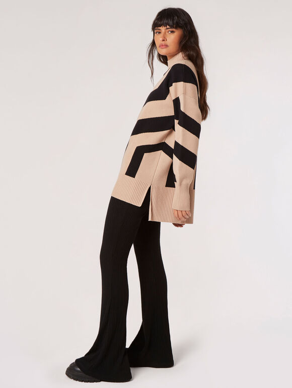 Oversized Geometric Stripe Jumper, Stone, large