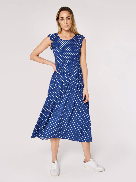 Polkadot Smocked Midi Dress, Blue, large