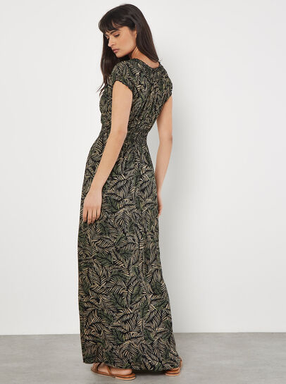 Rustic Leaf Print Smocked Maxi Dress