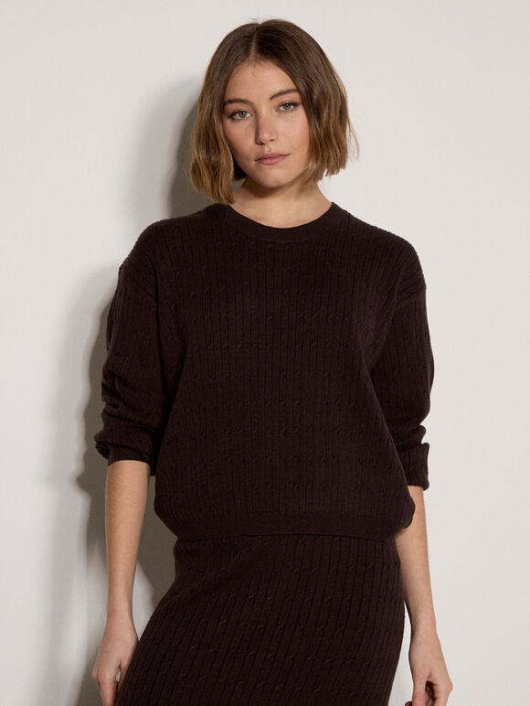 Fine Knit Cable Jumper, Brown, large
