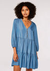 Denim Tiered Mini Dress, Blue, large