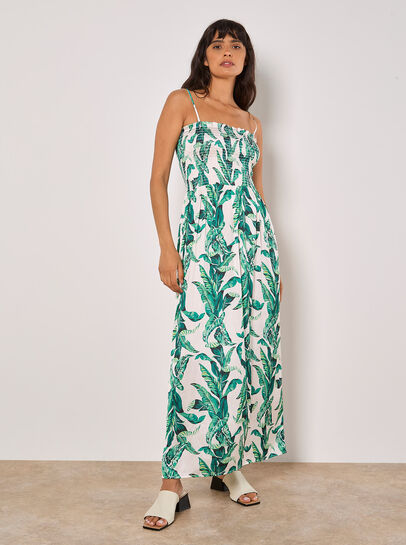Tropical Leaf Satin Maxi Dress