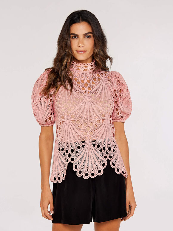Shell Lace Scallop Top, Pink, large
