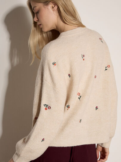 Soft Ribbed Knit Floral Embroidered Cardigan