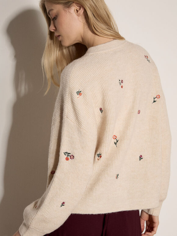 Soft Ribbed Knit Floral Embroidered Cardigan, Stone, large