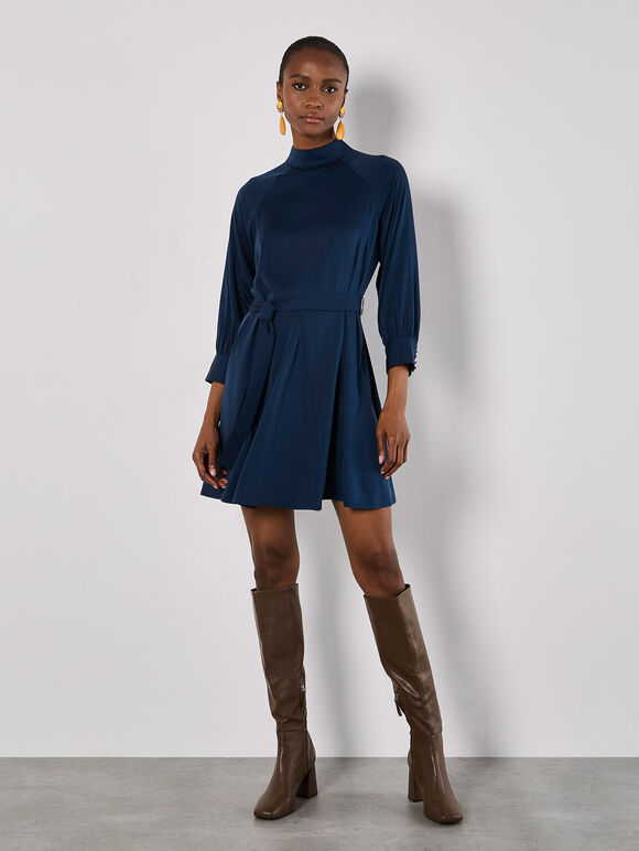 Mock Neck Swing Mini Dress, Navy, large