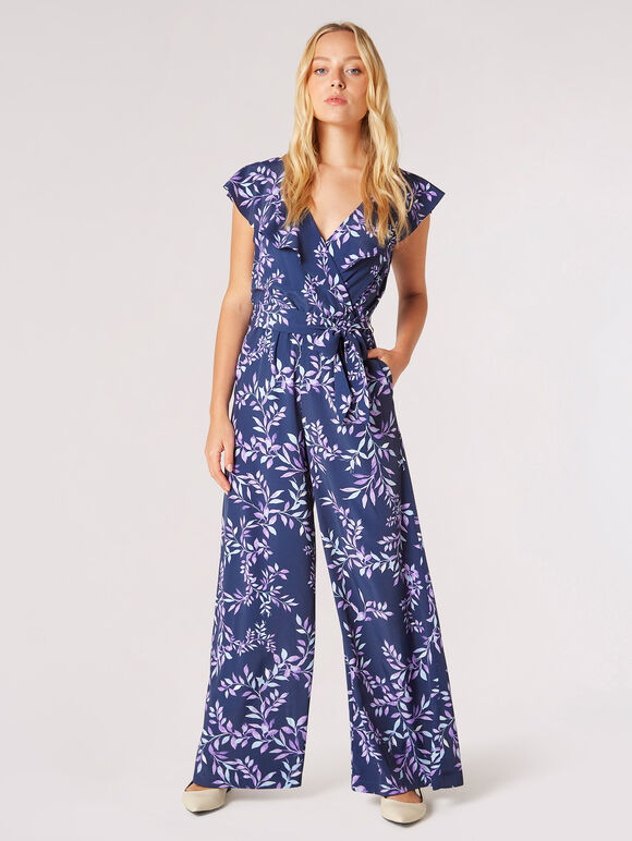 Ruffle Wrap Leaf Palazzo Jumpsuit, Navy, large