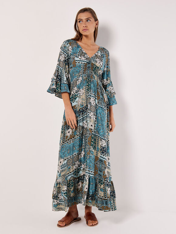 Robe Maxi à Imprimé Écharpe Patchwork, Bleu, grand