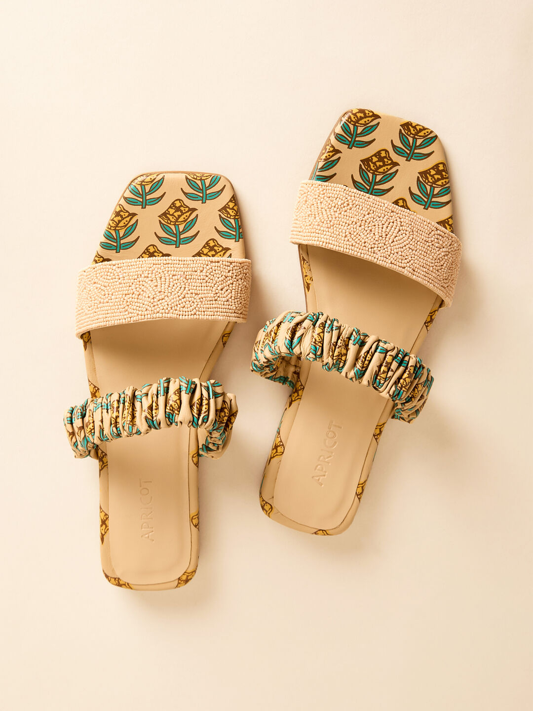 Floral Print Beaded Leather Sandals