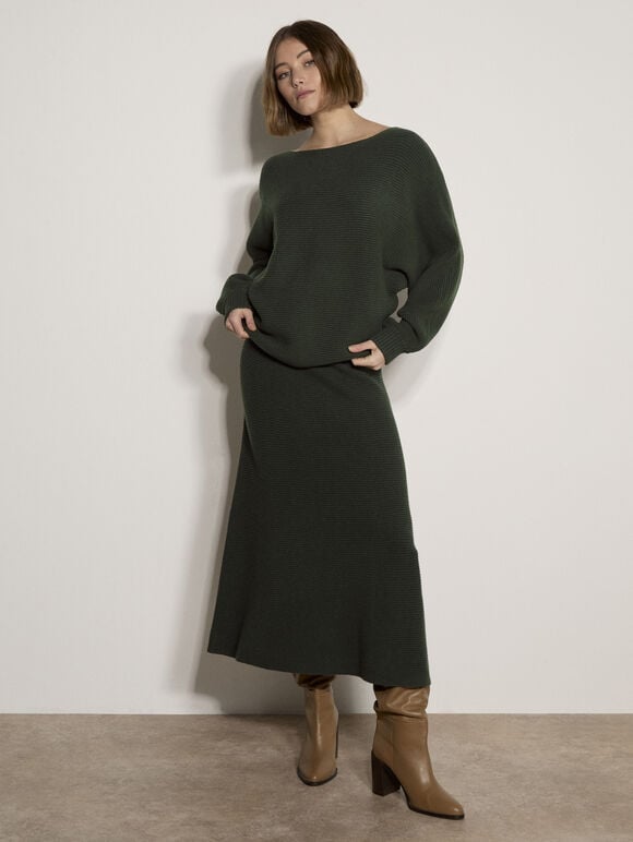 Ribbed Knit A-Line Maxi Skirt, Green, large