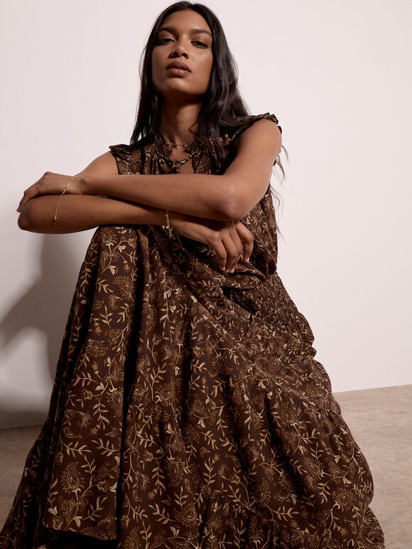 Painterly Paisley Tiered Maxi Skirt, Brown, large