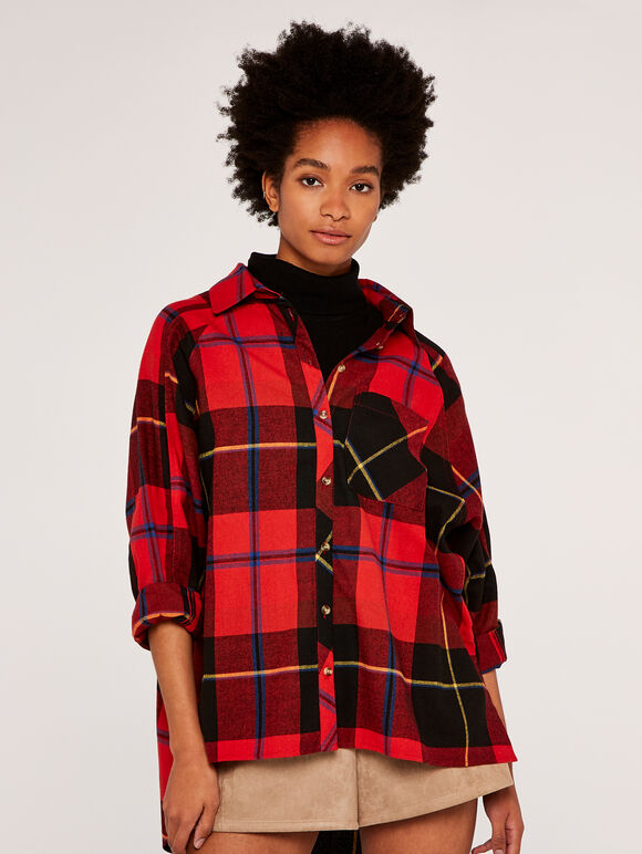Oversized Plaid Shirt, Red, large