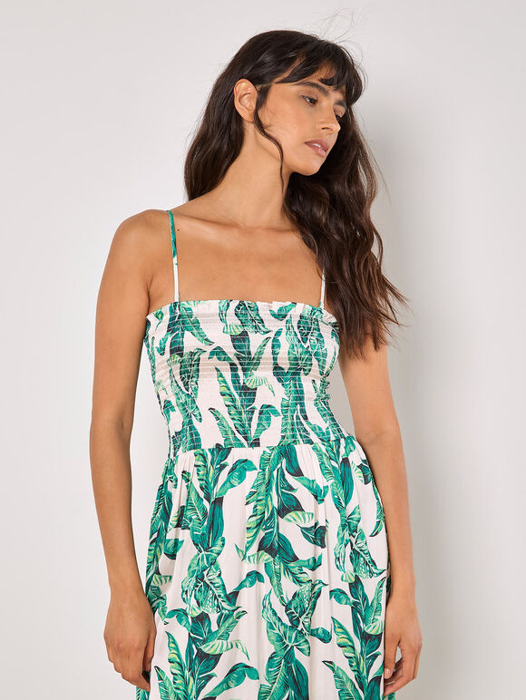 Tropical Leaf Satin Maxi Dress, Stone, large