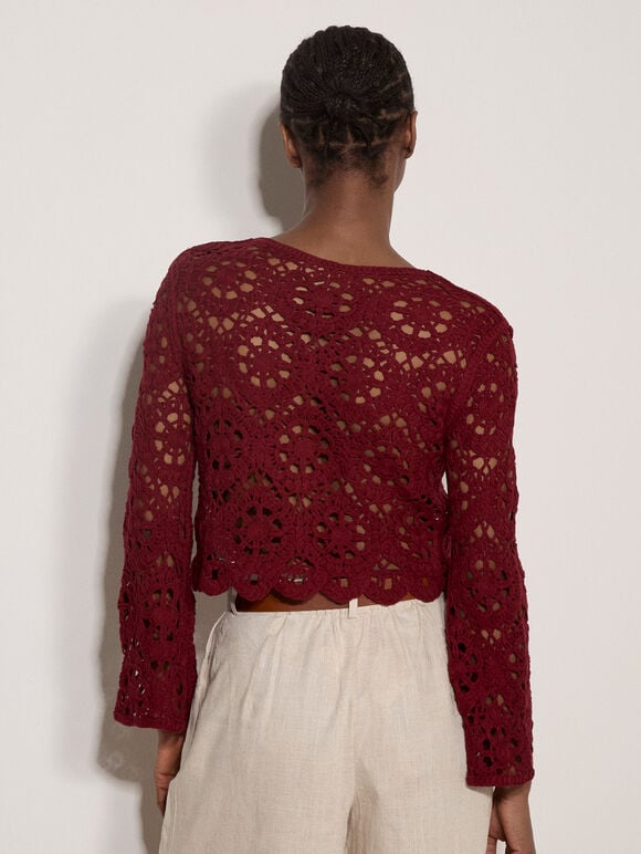 Boho Floral Cotton Crochet Top, Burgundy, large