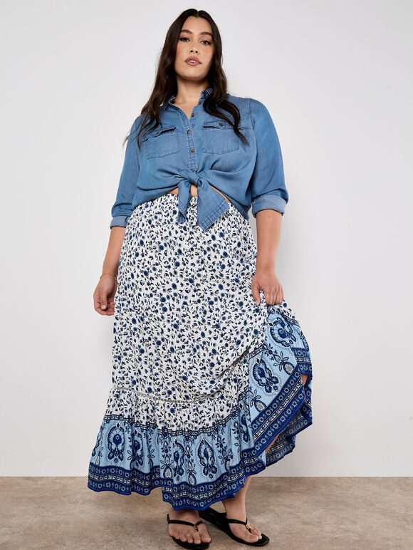 Sarasa Floral Tiered Maxi Skirt, Cream, large