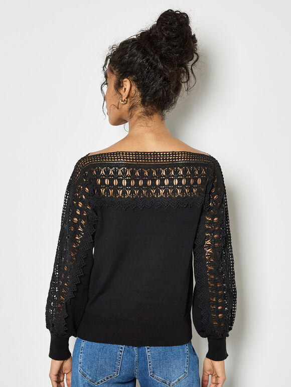Lace Neck And Sleeve Jumper, Black, large
