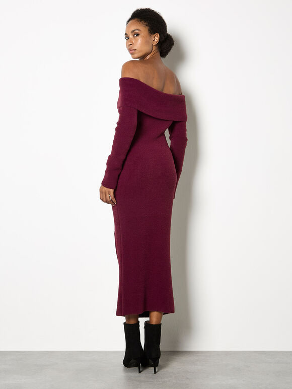 Fluffy Bardot Midaxi Dress, Burgundy, large