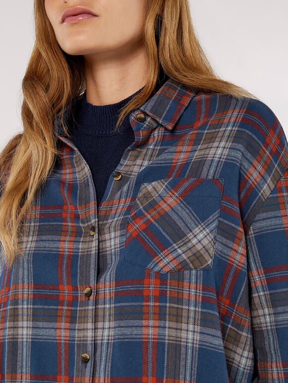 Checked Cotton Flannel Shirt, Blue, large