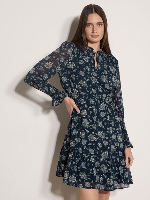 Folk Floral Chiffon Mini Dress, Navy, large