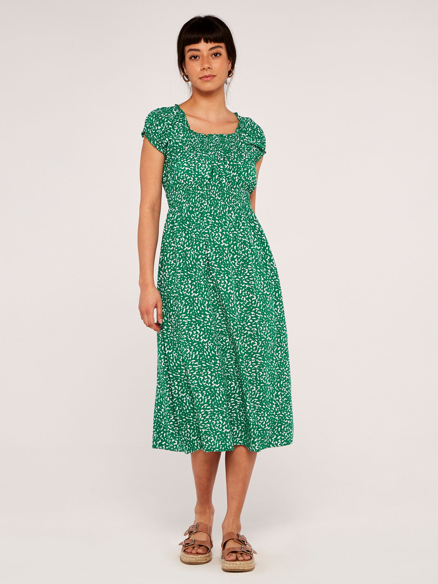 Brush Spot Milkmaid Midi Dress | Apricot UK