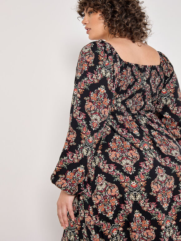 Curve Folk Diamond Smocked Midi Dress, Black, large