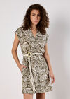Leaf Print Rope Belt Mini Dress, Khaki, large