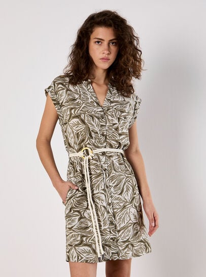 Leaf Print Rope Belt Mini Dress