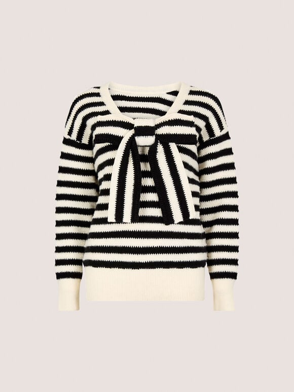 Waffle Knit Stripe Bow Back Jumper, Black, large
