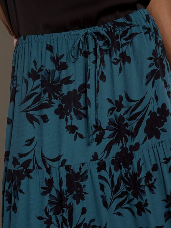 Floral Silhouette Crepe Maxi Skirt, Teal, large