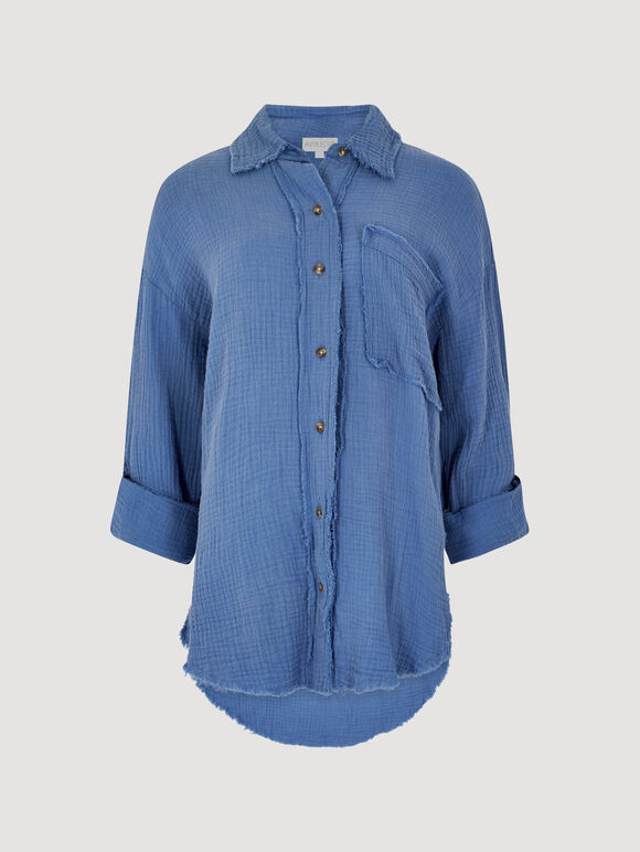 Textured Cotton Oversized Shirt, Blue, large