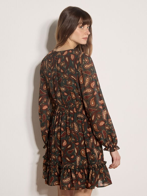 Chiffon Ruffle Paisley Mini Dress, Green, large