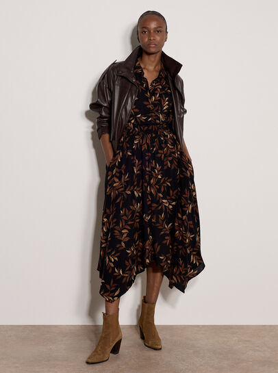 Leaf Print Shirt Midi Dress