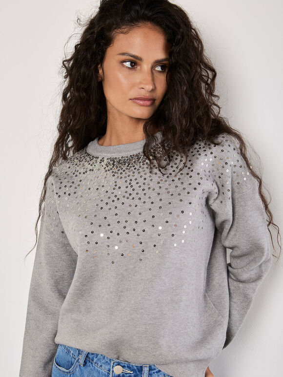 Sequin Embellished Jumper, Light Grey / Silver, large