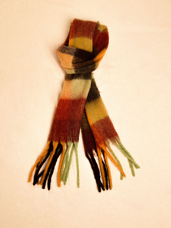 Colour Block Check Square Scarf, Brown, large