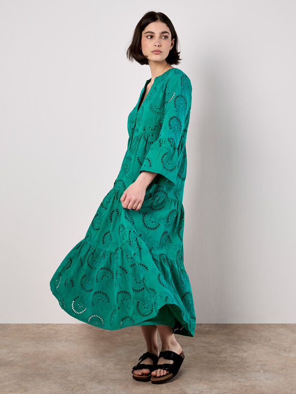 Broderie Tiered Midi Dress, Green, large